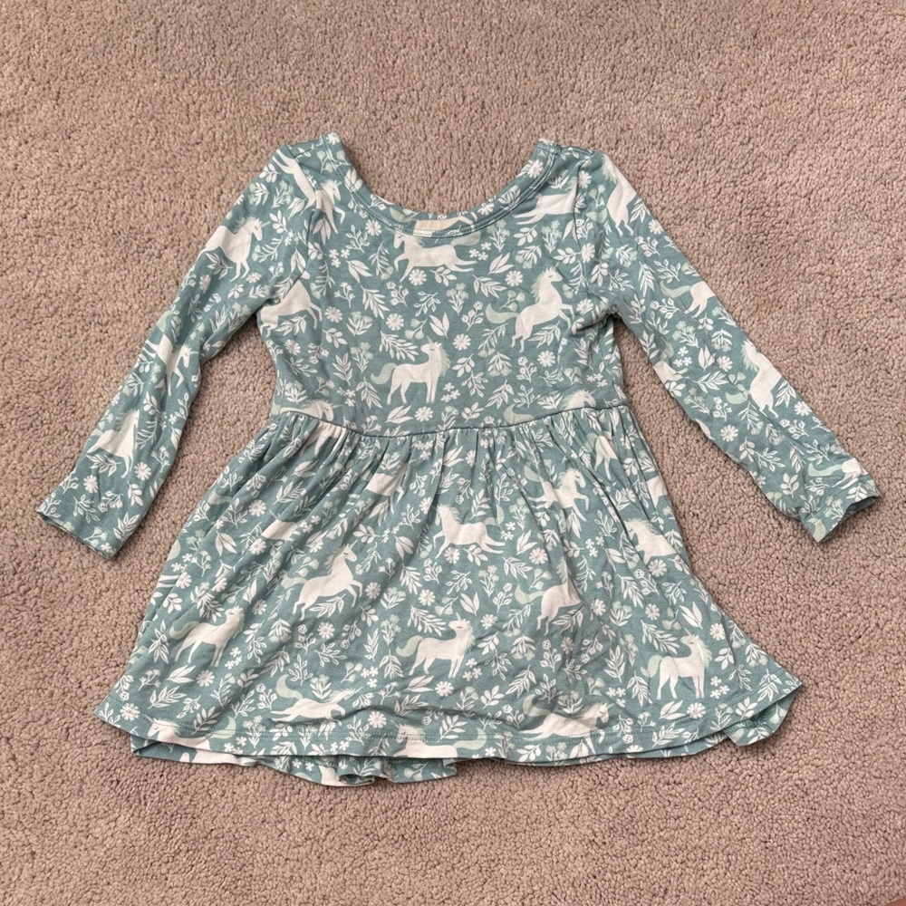 Little Sleepies Teal Bodysuit Long Sleeve Dress with Unicorn Pattern